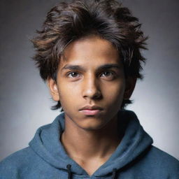 Retouch the portrait of the young Indian teenager. He maintains his serious expression, hoodie, and messy hair, while being surrounded by a divine, subtle glow.