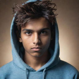 Retouch the portrait of the young Indian teenager. He maintains his serious expression, hoodie, and messy hair, while being surrounded by a divine, subtle glow.