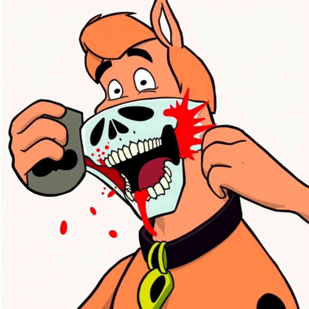 Fred from Scooby-Doo pulling off a mask to reveal a screaming skull hidden underneath, red splatter accompanying the dramatic revelation, in a classic 1970s cartoon style