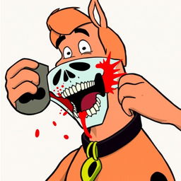 Fred from Scooby-Doo pulling off a mask to reveal a screaming skull hidden underneath, red splatter accompanying the dramatic revelation, in a classic 1970s cartoon style