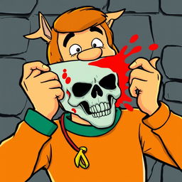 Fred from Scooby-Doo pulling off a mask to reveal a screaming skull hidden underneath, red splatter accompanying the dramatic revelation, in a classic 1970s cartoon style