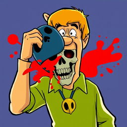 Fred from Scooby-Doo pulling off a mask to reveal a screaming skull hidden underneath, red splatter accompanying the dramatic revelation, in a classic 1970s cartoon style