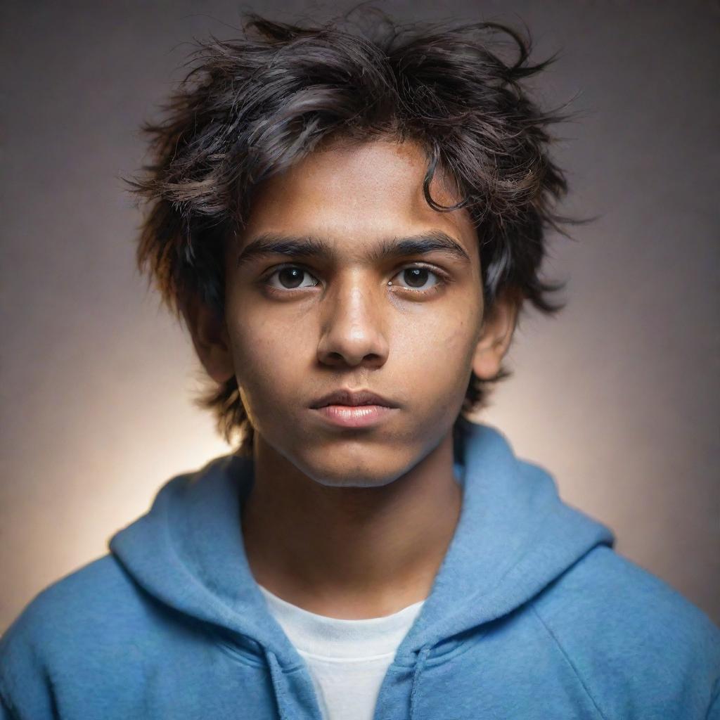 Retouch the portrait of the young Indian teenager. He maintains his serious expression, hoodie, and messy hair, while being surrounded by a divine, subtle glow.