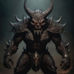 A menacing demon with a savage, animal-like face clad in intricate, heavy armor, gleaming under the faint light of the underworld.