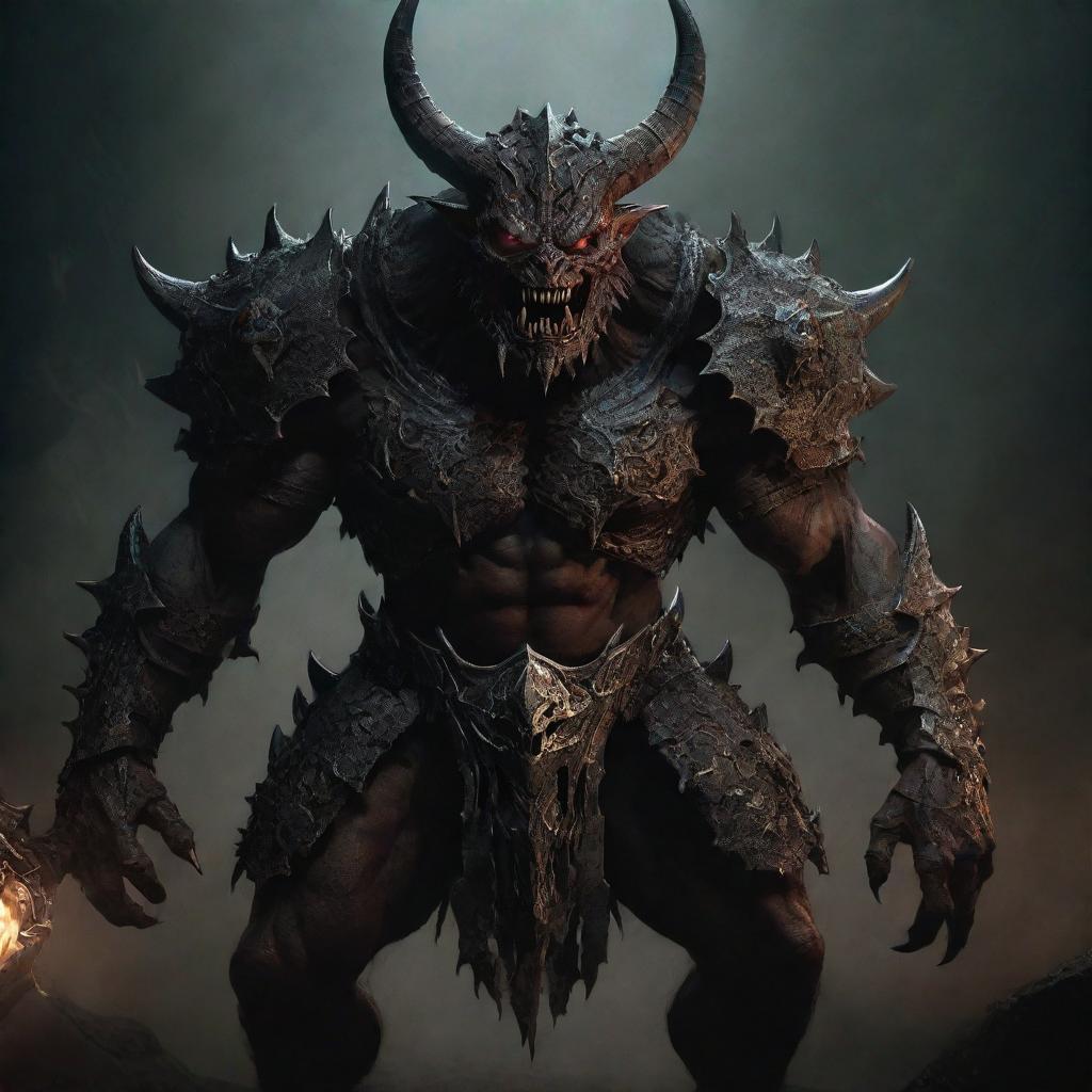 A menacing demon with a savage, animal-like face clad in intricate, heavy armor, gleaming under the faint light of the underworld.