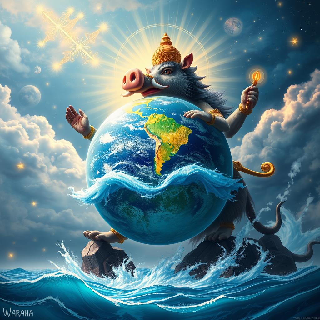 In a magnificent display of divine intervention, Waraha, the boar incarnation of Vishnu, triumphantly restores the Earth to its rightful place, saving it from the clutches of darkness