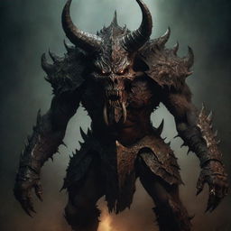 A menacing demon with a savage, animal-like face clad in intricate, heavy armor, gleaming under the faint light of the underworld.