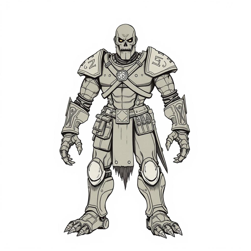 A full-body drawing of a Warforged from Dungeons and Dragons, featuring a humanoid construct made from magically enchanted materials