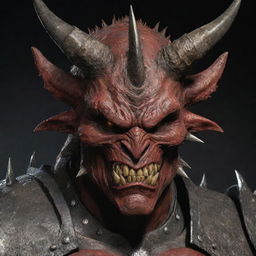 Modify the demon's image, softening the animal-like characteristics of the face and reducing the number of spikes on the intricate, heavy armor, making him appear slightly less fierce.