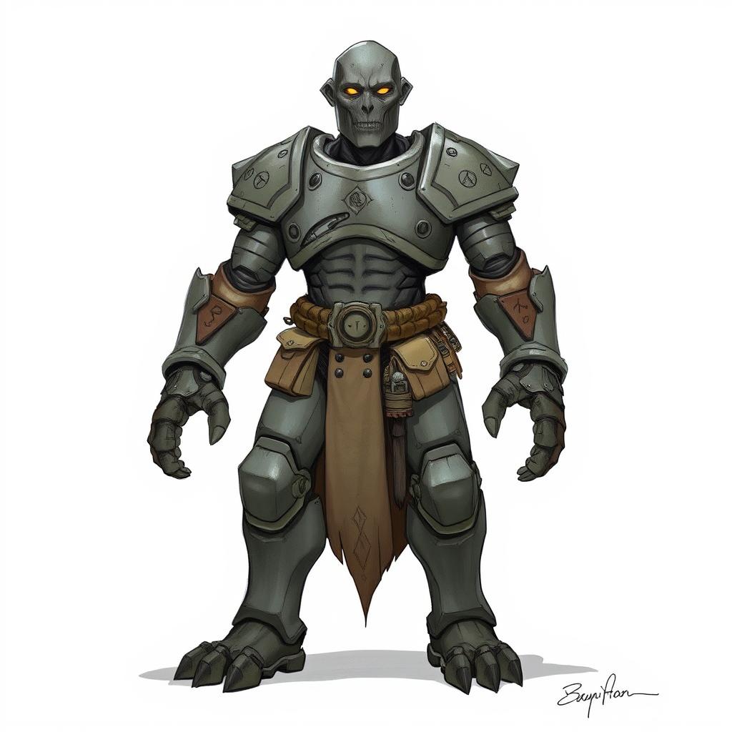 A full-body drawing of a Warforged from Dungeons and Dragons, featuring a humanoid construct made from magically enchanted materials