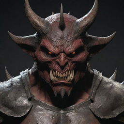 Modify the demon's image, softening the animal-like characteristics of the face and reducing the number of spikes on the intricate, heavy armor, making him appear slightly less fierce.