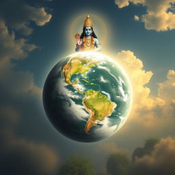 A serene depiction of the Earth, filled with balance, order, and immense beauty, under the watchful gaze of Lord Vishnu