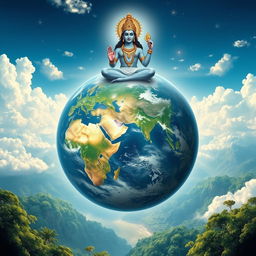 A serene depiction of the Earth, filled with balance, order, and immense beauty, under the watchful gaze of Lord Vishnu