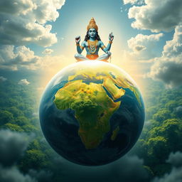 A serene depiction of the Earth, filled with balance, order, and immense beauty, under the watchful gaze of Lord Vishnu