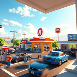 A Roblox world depicting a bustling gas station environment, full of vibrant detail and engaging elements