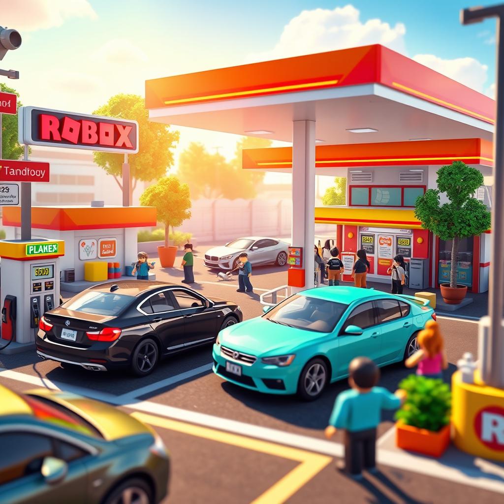 A Roblox world depicting a bustling gas station environment, full of vibrant detail and engaging elements