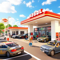 A Roblox world depicting a bustling gas station environment, full of vibrant detail and engaging elements