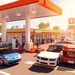 A Roblox world depicting a bustling gas station environment, full of vibrant detail and engaging elements