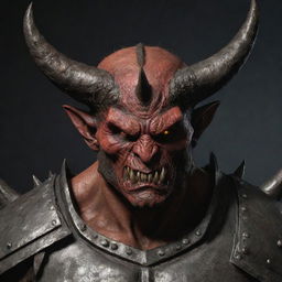 Modify the demon's image, softening the animal-like characteristics of the face and reducing the number of spikes on the intricate, heavy armor, making him appear slightly less fierce.