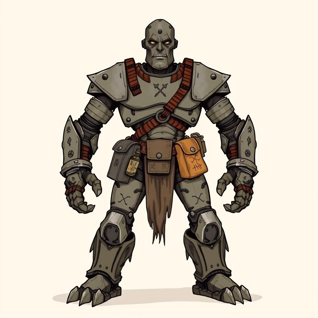 A full-body, hand-drawn illustration of a Warforged from Dungeons and Dragons, depicted in a fantasy illustrative style reminiscent of classic D&D artwork