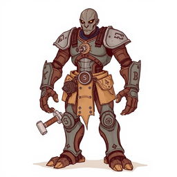 A full-body, hand-drawn illustration of a Warforged from Dungeons and Dragons, depicted in a fantasy illustrative style reminiscent of classic D&D artwork