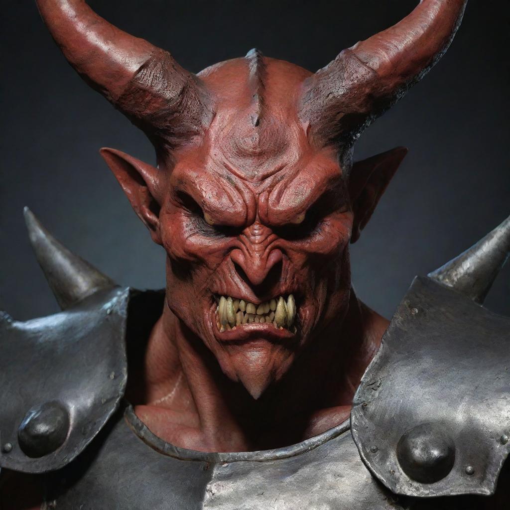 Further soften the demon's image by significantly reducing the spikiness and sharpness of his heavy armor, also smoothing the animalistic features of his face.