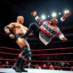 A dramatic wrestling scene inside a professional ring, where Stone Cold Steve Austin is executing his iconic "Stone Cold Stunner" move on Bill Cosby