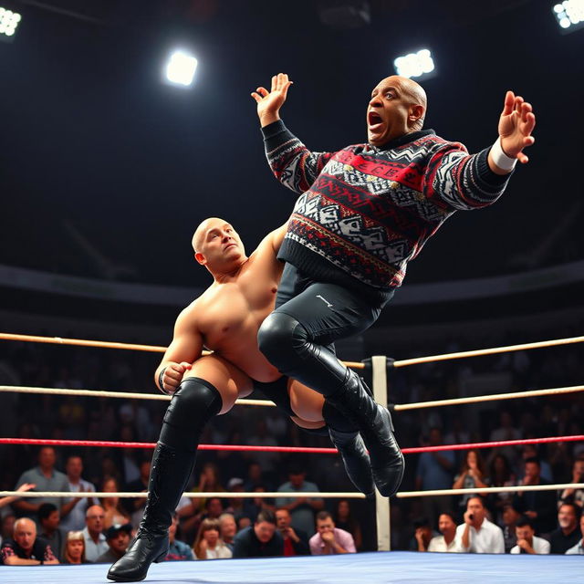 A dramatic wrestling scene inside a professional ring, where Stone Cold Steve Austin is executing his iconic "Stone Cold Stunner" move on Bill Cosby