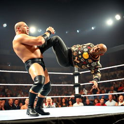 A dramatic wrestling scene inside a professional ring, where Stone Cold Steve Austin is executing his iconic "Stone Cold Stunner" move on Bill Cosby