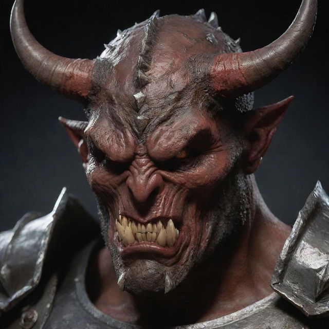 Further soften the demon's image by significantly reducing the spikiness and sharpness of his heavy armor, also smoothing the animalistic features of his face.