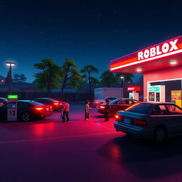 A Roblox world depicting a gas station environment at night, filled with vibrant details and an engaging atmosphere