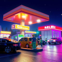 A Roblox world depicting a gas station environment at night, filled with vibrant details and an engaging atmosphere