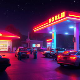 A Roblox world depicting a gas station environment at night, filled with vibrant details and an engaging atmosphere