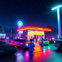 A Roblox world depicting a gas station environment at night, filled with vibrant details and an engaging atmosphere