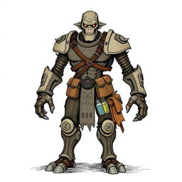 A full-body, hand-drawn illustration of a Warforged from Dungeons and Dragons, embodying the fantasy illustrative style of classic D&D artwork