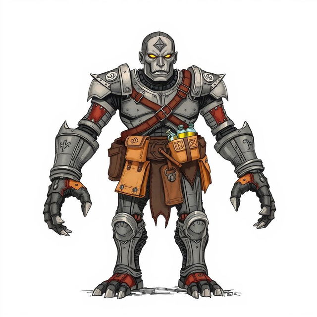 A full-body, hand-drawn illustration of a Warforged from Dungeons and Dragons, embodying the fantasy illustrative style of classic D&D artwork