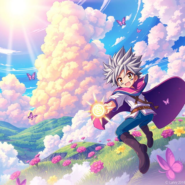 a vibrant and captivating anime-style wallpaper featuring a dynamic scene with lush landscapes, colorful skies filled with fluffy clouds, and a couple of characters in action poses