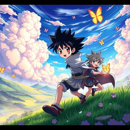 a vibrant and captivating anime-style wallpaper featuring a dynamic scene with lush landscapes, colorful skies filled with fluffy clouds, and a couple of characters in action poses