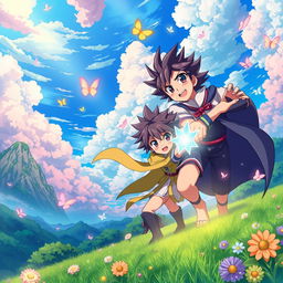 a vibrant and captivating anime-style wallpaper featuring a dynamic scene with lush landscapes, colorful skies filled with fluffy clouds, and a couple of characters in action poses