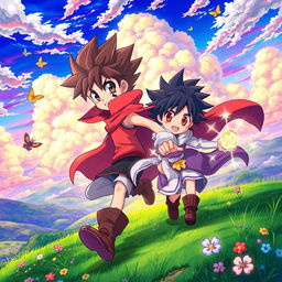 a vibrant and captivating anime-style wallpaper featuring a dynamic scene with lush landscapes, colorful skies filled with fluffy clouds, and a couple of characters in action poses