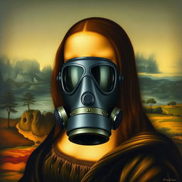 A masterpiece painting of the "Mona Lisa" wearing a modern gas mask, set against the backdrop of her iconic landscape