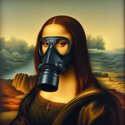 A masterpiece painting of the "Mona Lisa" wearing a modern gas mask, set against the backdrop of her iconic landscape