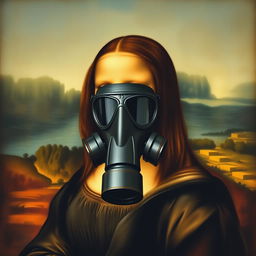 A masterpiece painting of the "Mona Lisa" wearing a modern gas mask, set against the backdrop of her iconic landscape