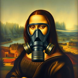 A masterpiece painting of the "Mona Lisa" wearing a modern gas mask, set against the backdrop of her iconic landscape