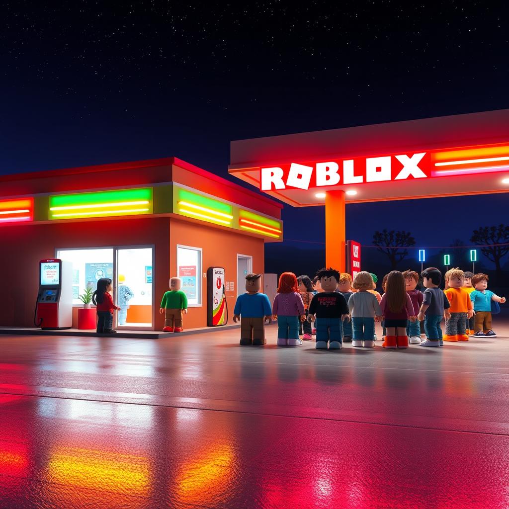 A Roblox world set in a gas station environment at night, rich with vibrant details and atmospheric charm