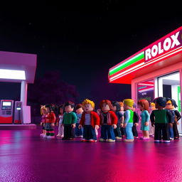 A Roblox world set in a gas station environment at night, rich with vibrant details and atmospheric charm