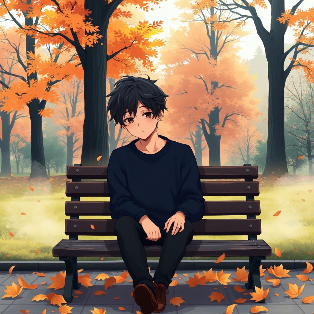 A melancholic anime boy, sitting alone on a bench in a serene park during autumn