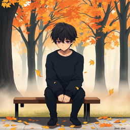 A melancholic anime boy, sitting alone on a bench in a serene park during autumn