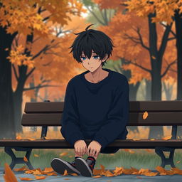 A melancholic anime boy, sitting alone on a bench in a serene park during autumn