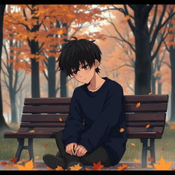 A melancholic anime boy, sitting alone on a bench in a serene park during autumn